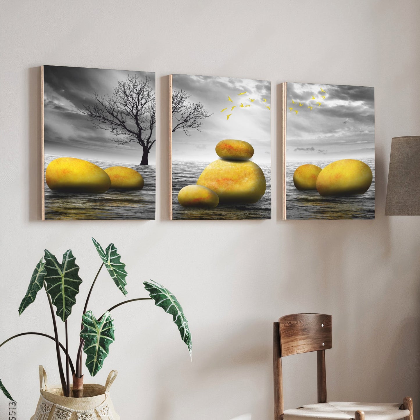 Abstract Golden Stone Wood Print Wall Art Set of 3