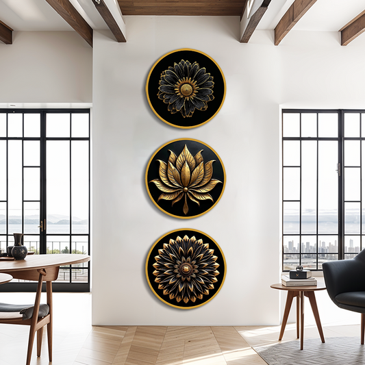 Metal Look Like Wooden Print Circular Flower Wall Art 15x15 Inches Each