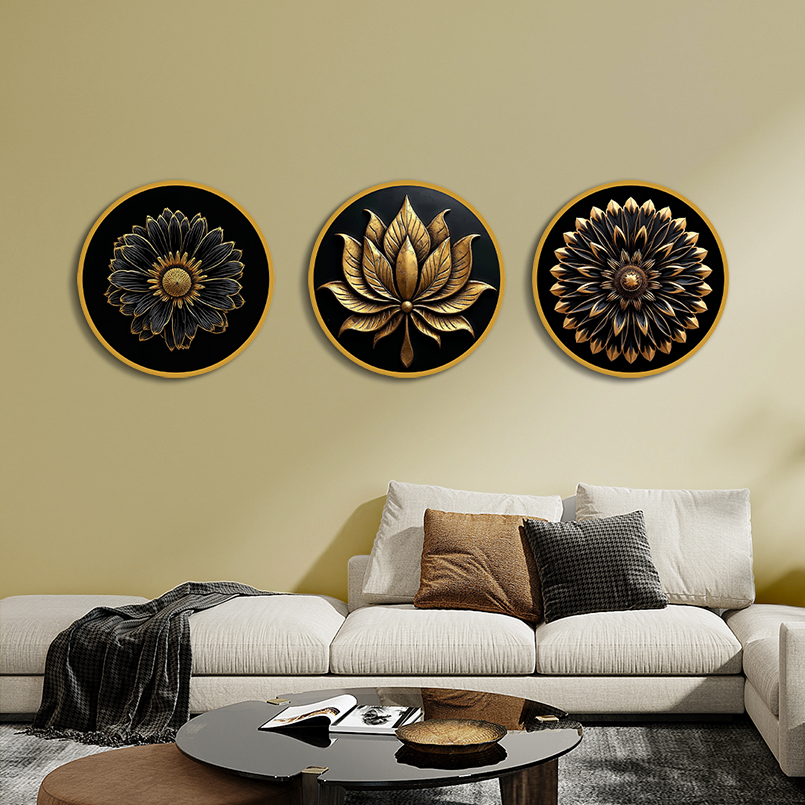 Metal Look Like Wooden Print Circular Flower Wall Art 15x15 Inches Each