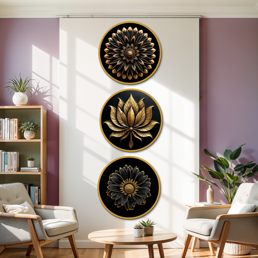 Metal Look Like Wooden Print Circular Flower Wall Art 15x15 Inches Each