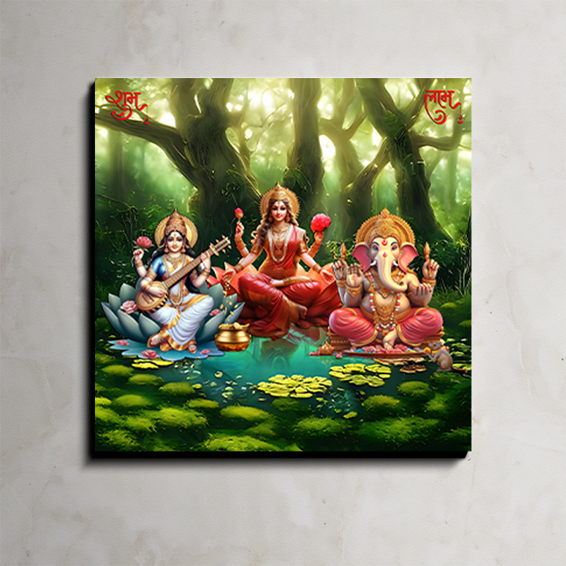 Maa Laxami With Saraswati And Ganessha Wood Print Wall Art