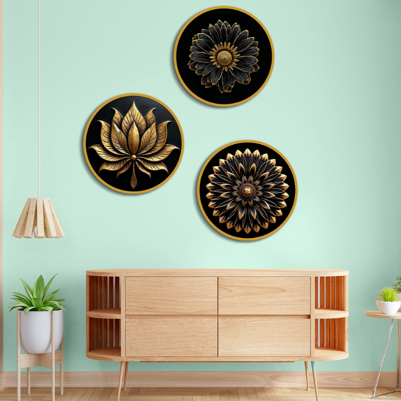 Metal Look Like Wooden Print Circular Flower Wall Art 15x15 Inches Each