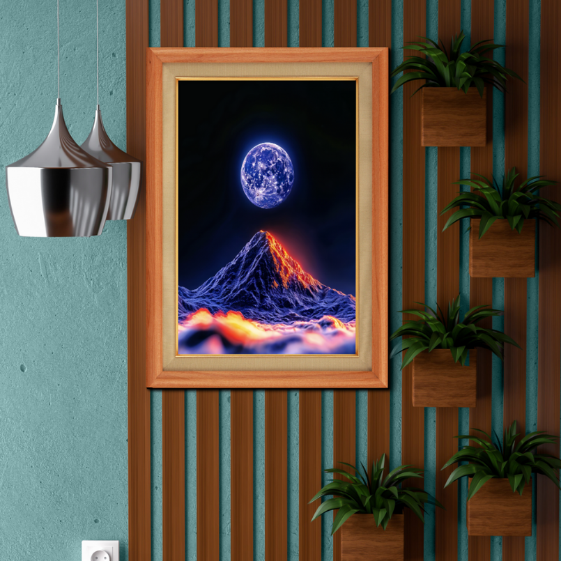 Moon Over Fiery Volcano Nights Wood Print Wall Art 18x23 Inches