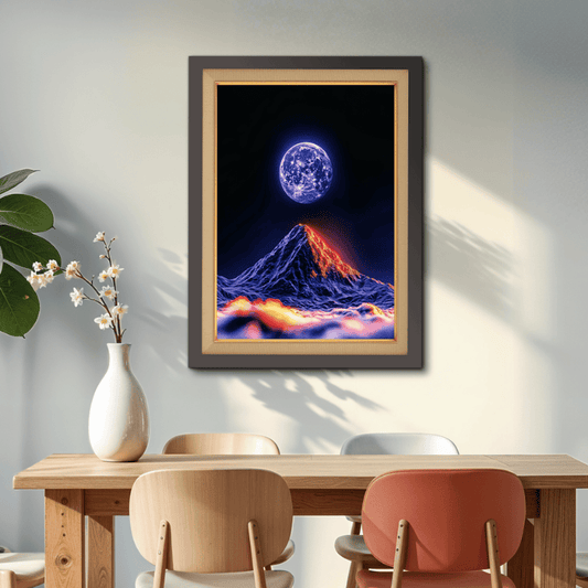 Moon Over Fiery Volcano Nights Wood Print Wall Art 18x23 Inches