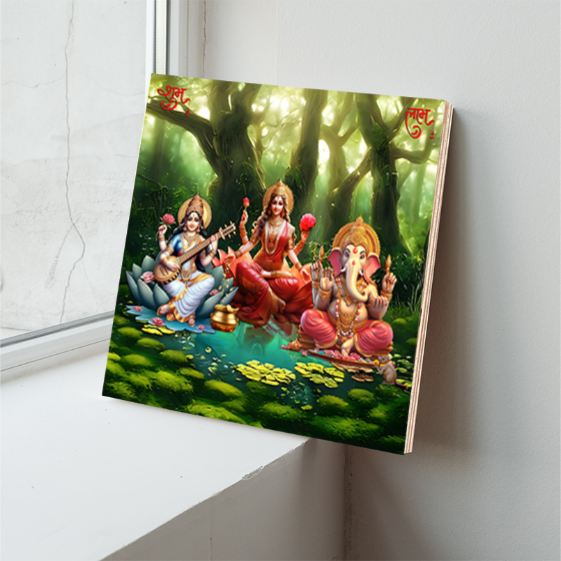 Maa Laxami With Saraswati And Ganessha Wood Print Wall Art