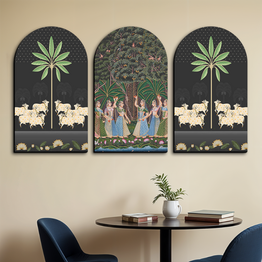 Set of 3 Gopis Pichwai Wood Print Wall Art