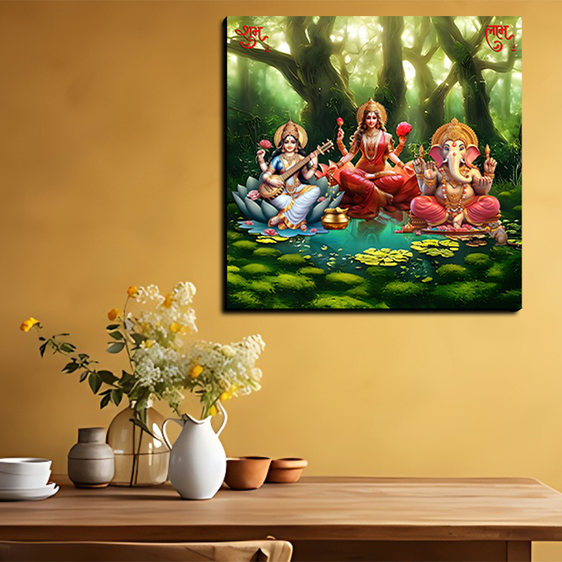 Maa Laxami With Saraswati And Ganessha Wood Print Wall Art