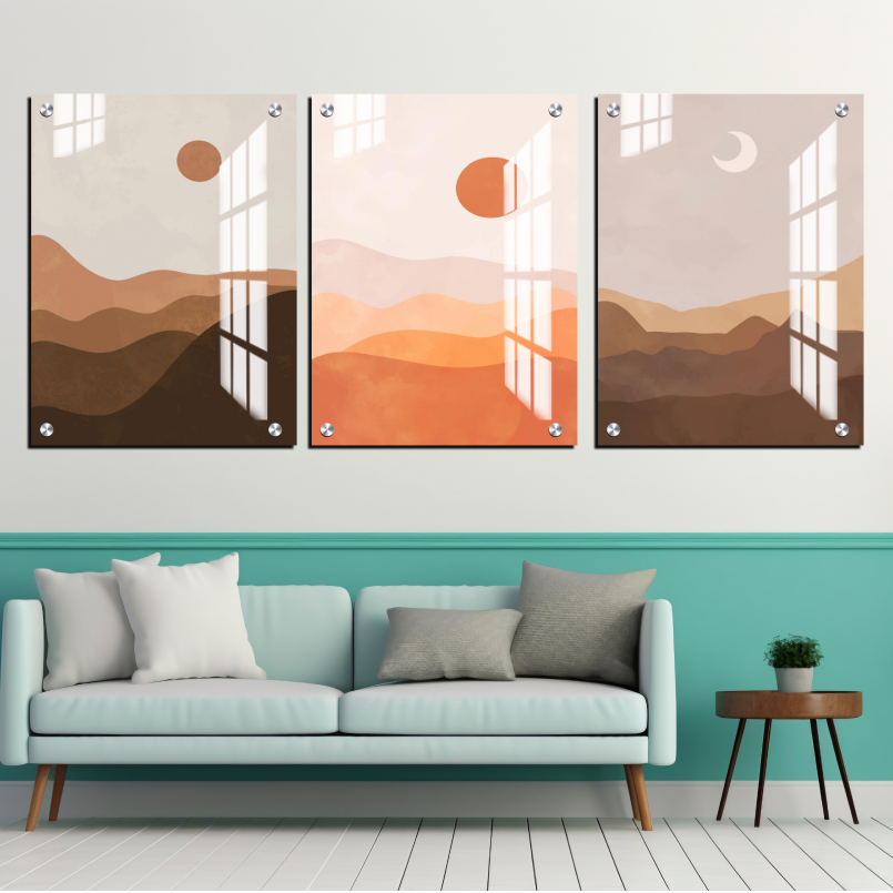 Moon Phase Abstract Boho Wood Print Wall Art Set of 3