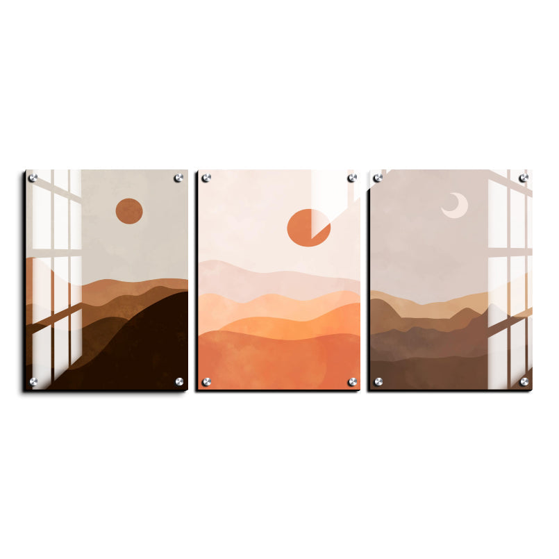 Moon Phase Abstract Boho Wood Print Wall Art Set of 3