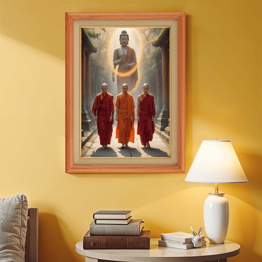 Monk With Budha On Background Wood Print Wall Art 18x23 Inches