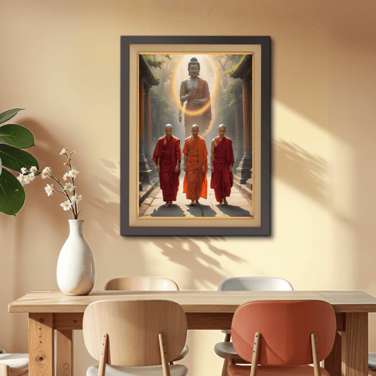 Monk With Budha On Background Wood Print Wall Art 18x23 Inches