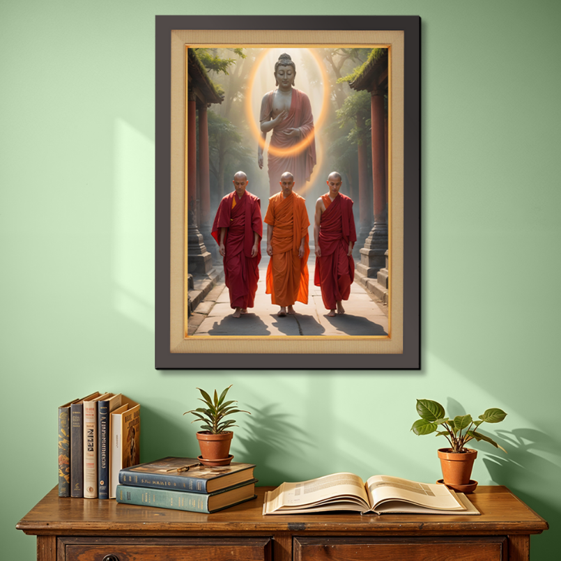 Monk With Budha On Background Wood Print Wall Art 18x23 Inches