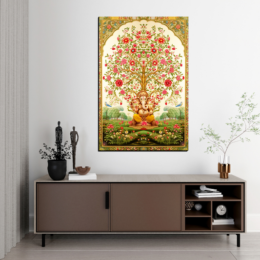 Tree of Life Pichwai With Ganesh Wood Print Wall Art