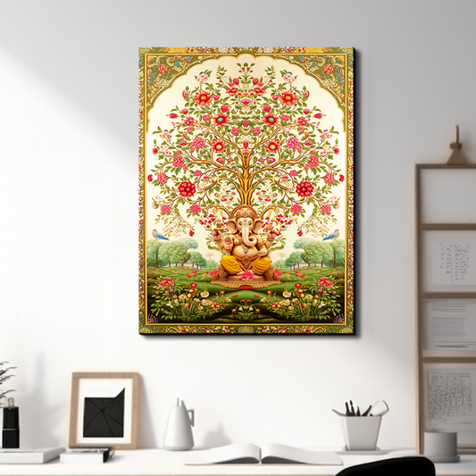 Tree of Life Pichwai With Ganesh Wood Print Wall Art