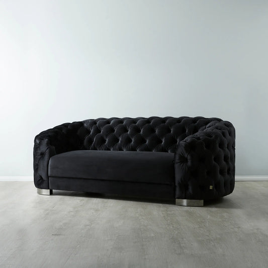 Luxurious Black Velvet 2-Seater Sofa - Black Nickel Legs