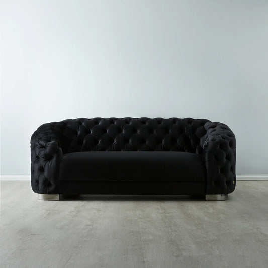 Luxurious Black Velvet 2-Seater Sofa - Black Nickel Legs