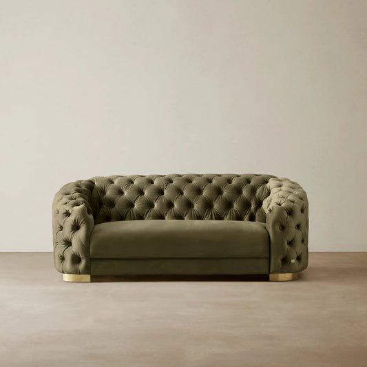 Luxurious Olive Green Velvet 2-Seater Sofa Gold Legs