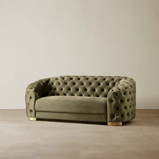 Luxurious Olive Green Velvet 2-Seater Sofa Gold Legs