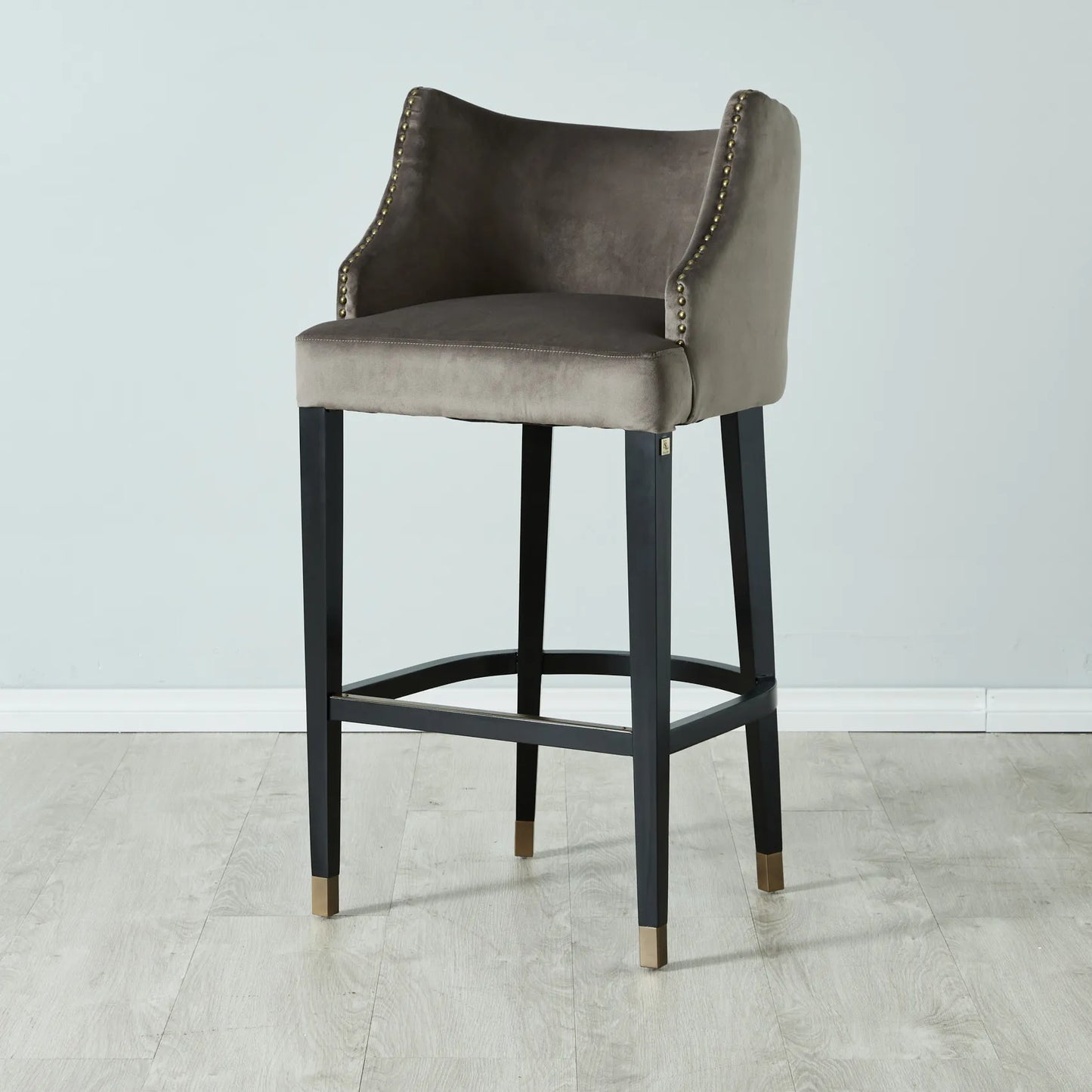 Luxurious Velvet Barstool With Gold Nail Heads Mushroom Grey