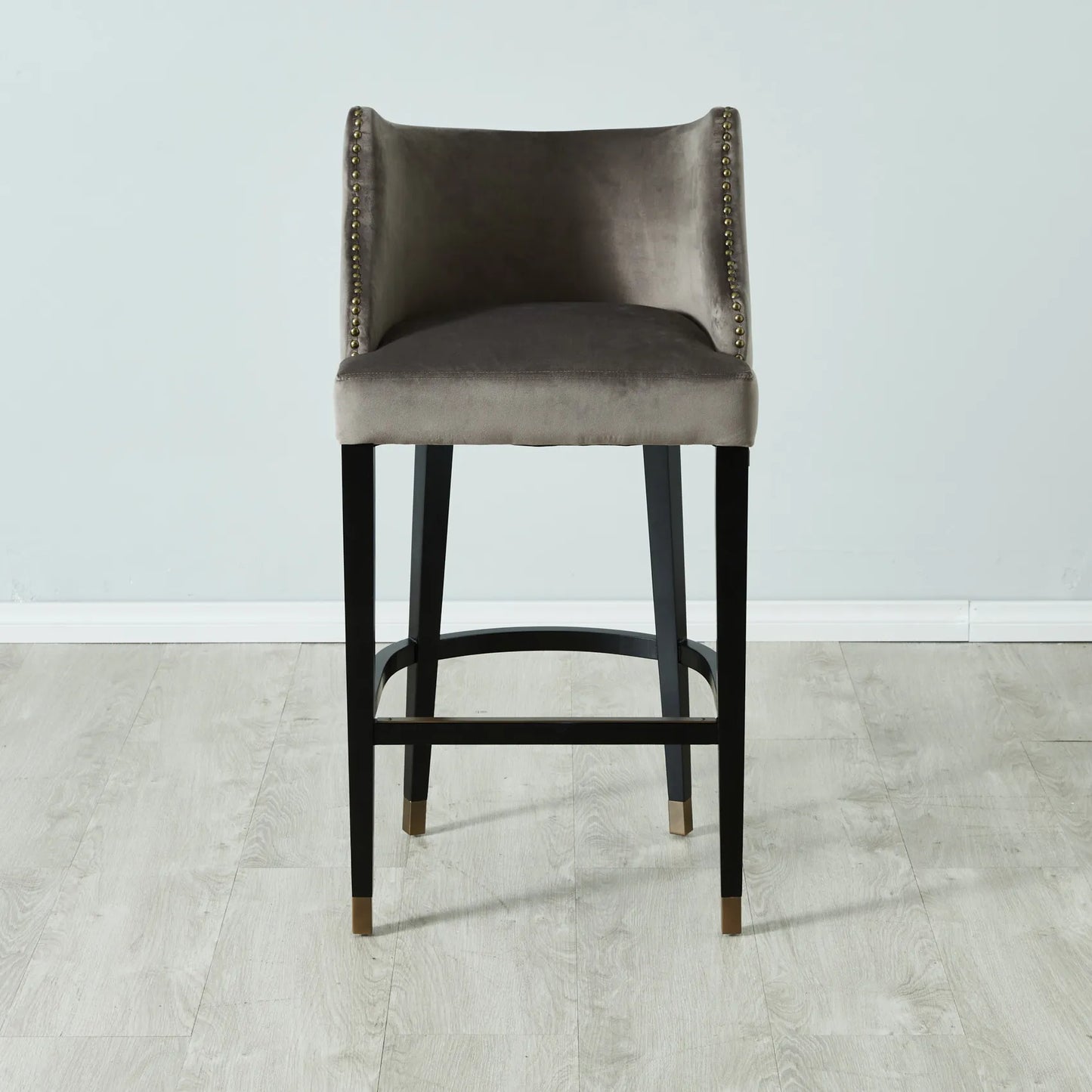 Luxurious Velvet Barstool With Gold Nail Heads Mushroom Grey