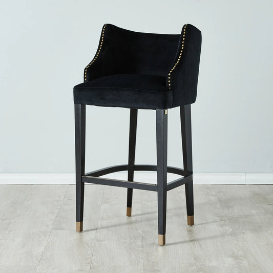 Luxurious Velvet Barstool With Gold Nail Heads Black