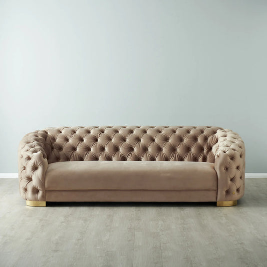 Luxurious Beige Velvet 3-Seater Sofa - Gold Legs