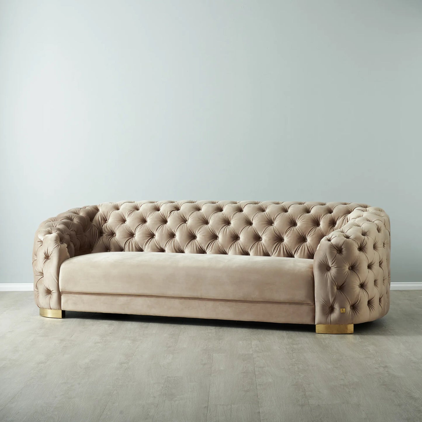 Luxurious Beige Velvet 3-Seater Sofa - Gold Legs