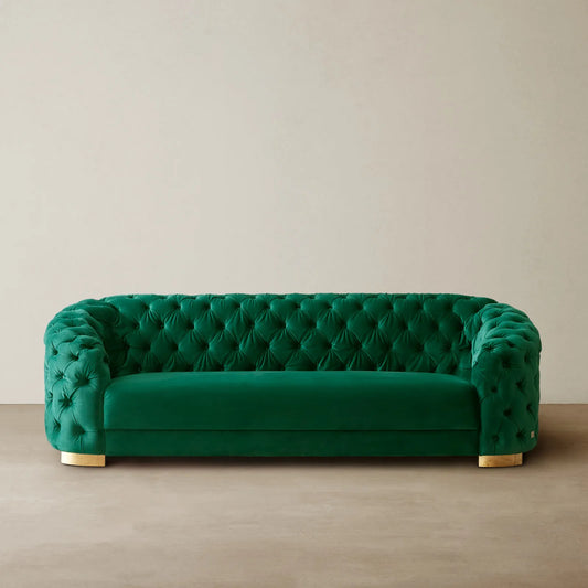 Luxurious Emerald Velvet 3-Seater Sofa - Gold Legs