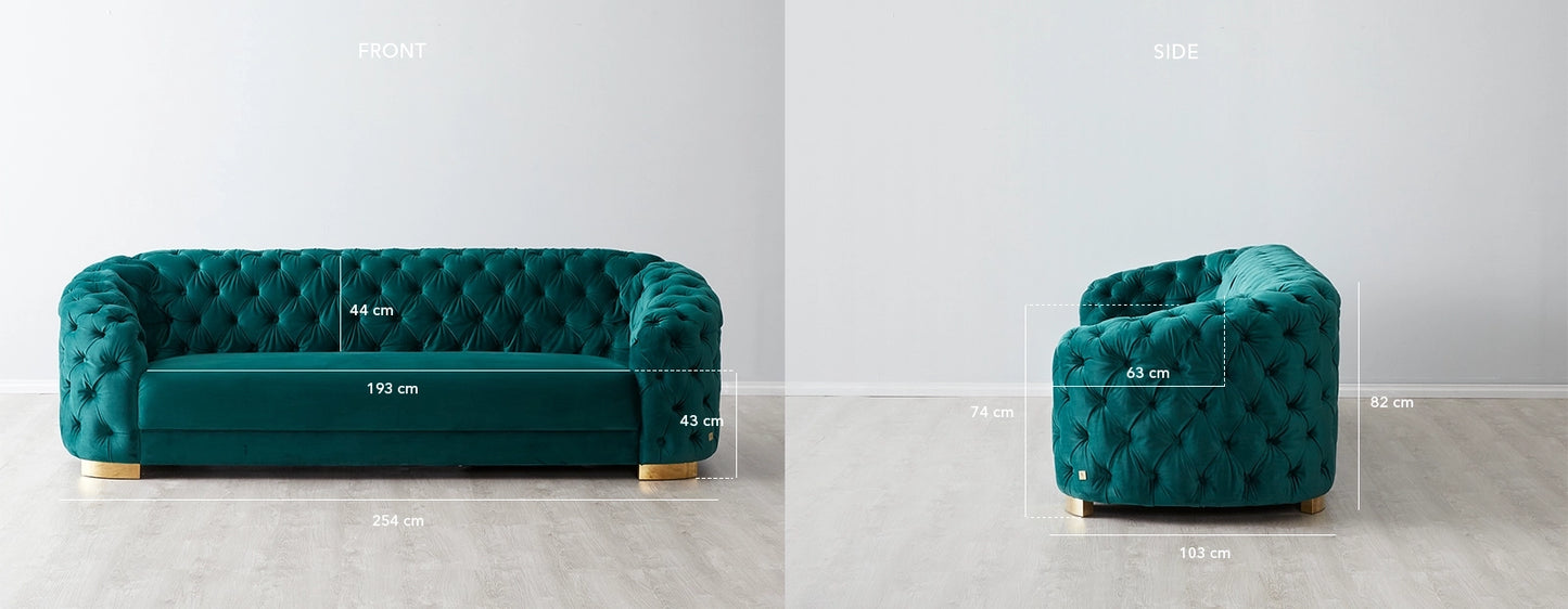 Luxurious Emerald Velvet 3-Seater Sofa - Gold Legs