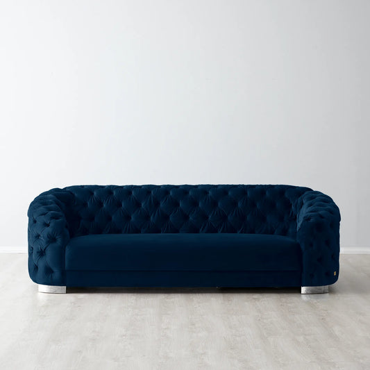 Luxurious Navy Blue Velvet 3-Seater Sofa - Silver Legs