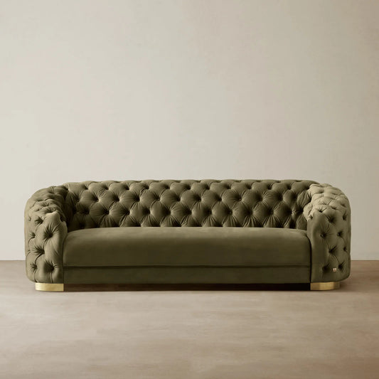 Luxurious Olive Green Velvet 3-Seater Sofa Gold Legs