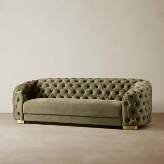 Luxurious Olive Green Velvet 3-Seater Sofa Gold Legs