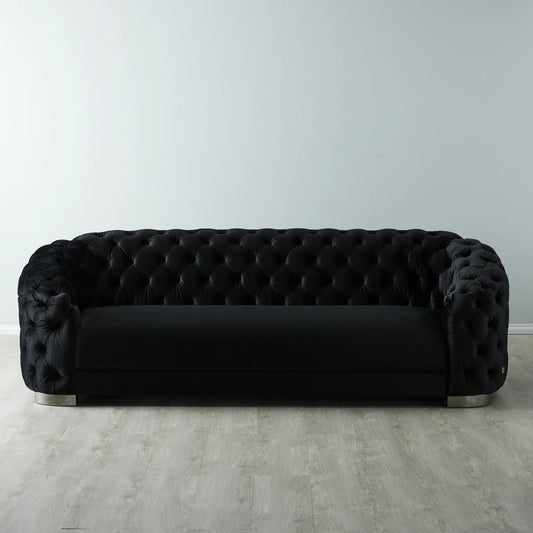 Luxurious Black Velvet 3-Seater Sofa - Black Nickel Legs