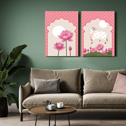 Cow and Lotus Pink Pichwai Wood Print Wall Art Set of 2