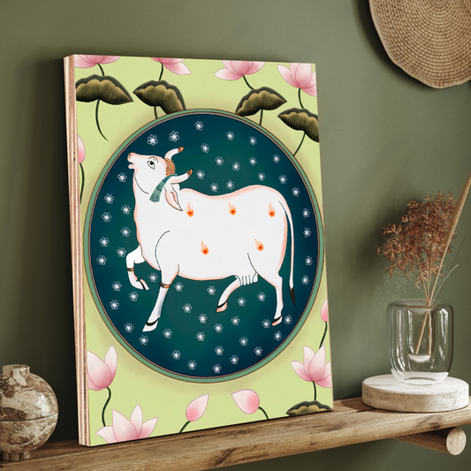 Cow and Lotus Pichwai Wood Print Wall Art