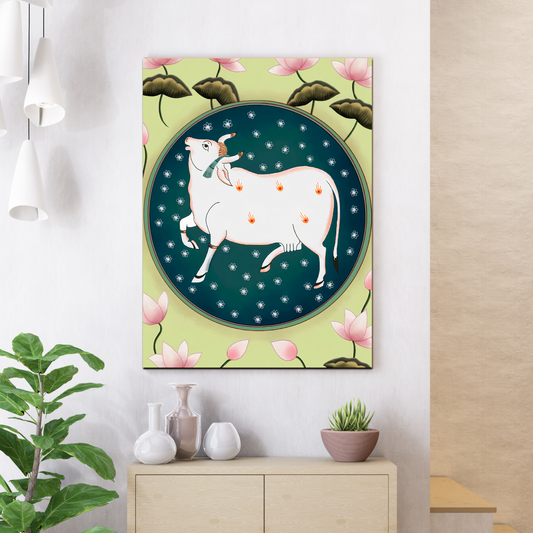 Cow and Lotus Pichwai Wood Print Wall Art