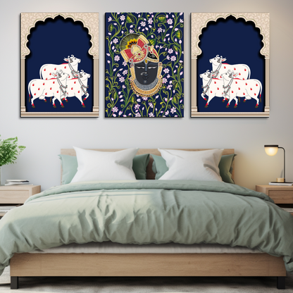 Set of 3 Shrinath Ji Pichwai Wood Print Wall Art-Blue