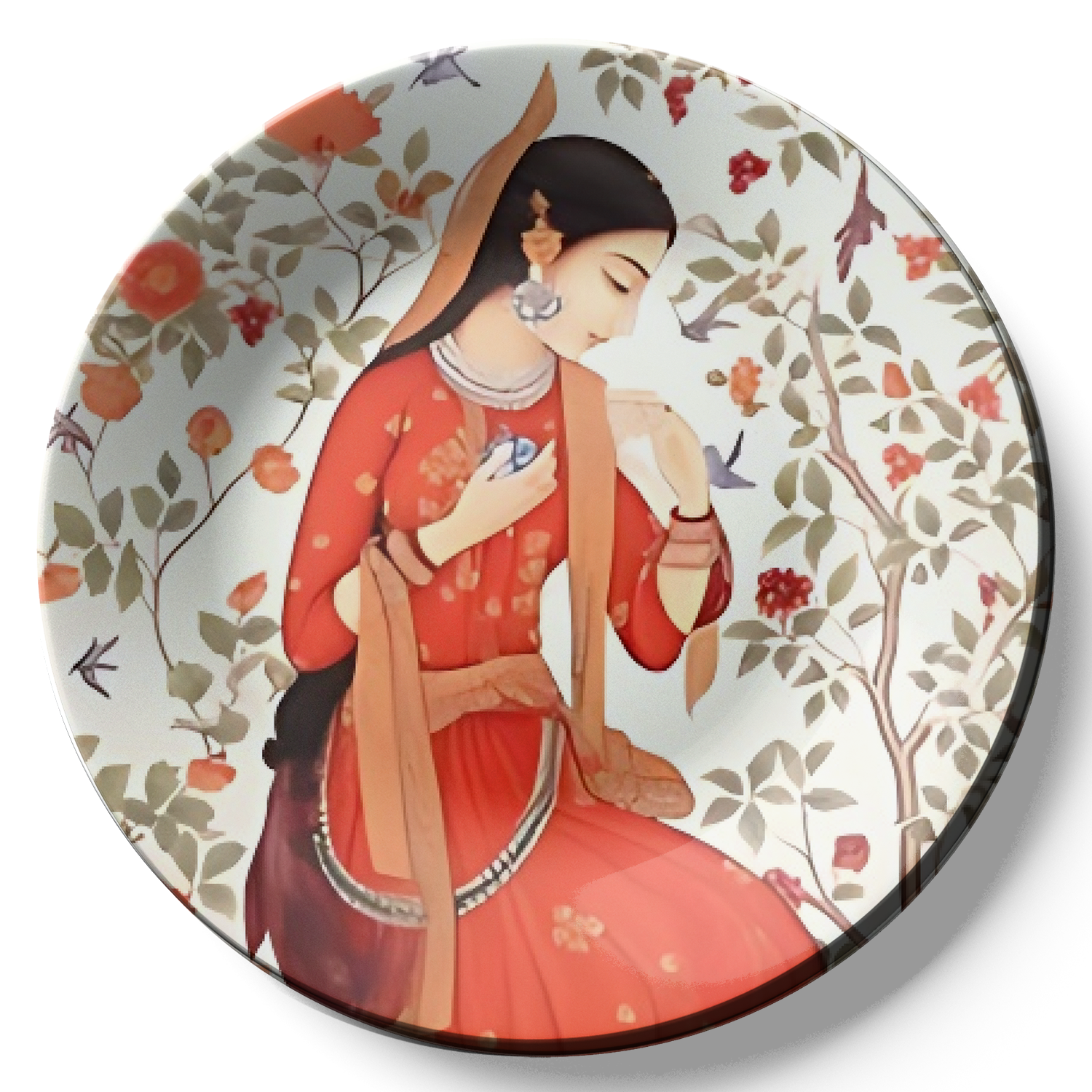 asian woman in red dress wall plate painting