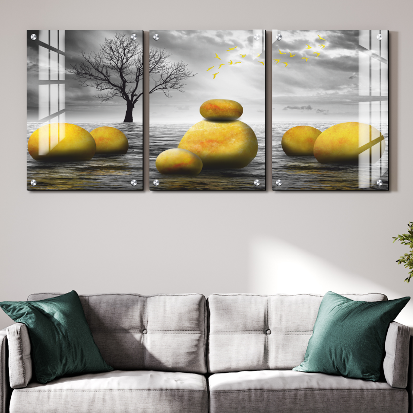 Abstract Golden Stone Wood Print Wall Art Set of 3