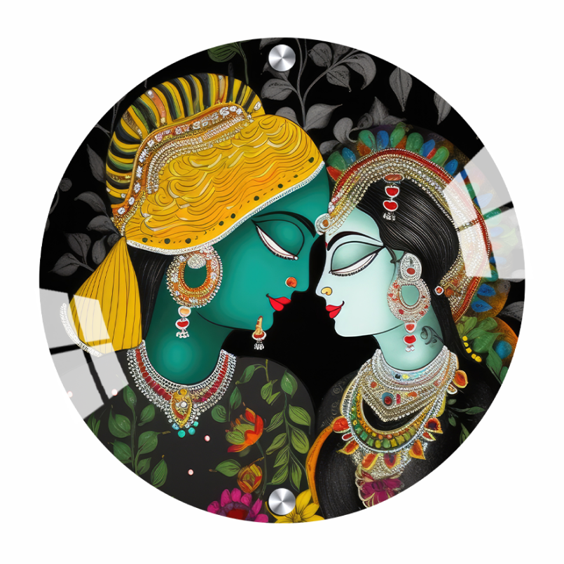 Radha Krishna Colorful Round Wood Print Wall Art