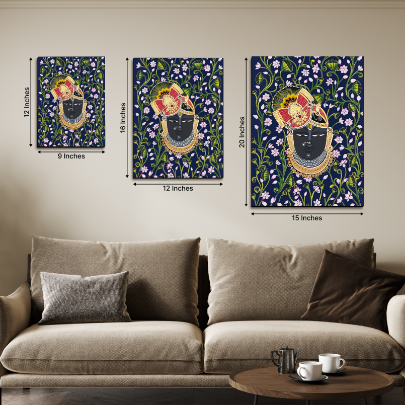 Set of 3 Shrinath Ji Pichwai Wood Print Wall Art-Blue