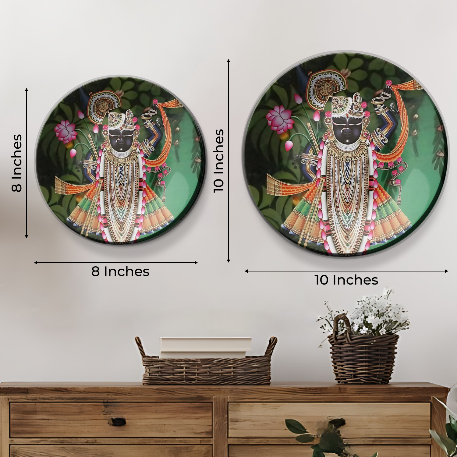 Authentic Set of 3 Shrinath Ji and Lotus Pichwai Wall Plates Décor Reflecting Indian Heritage