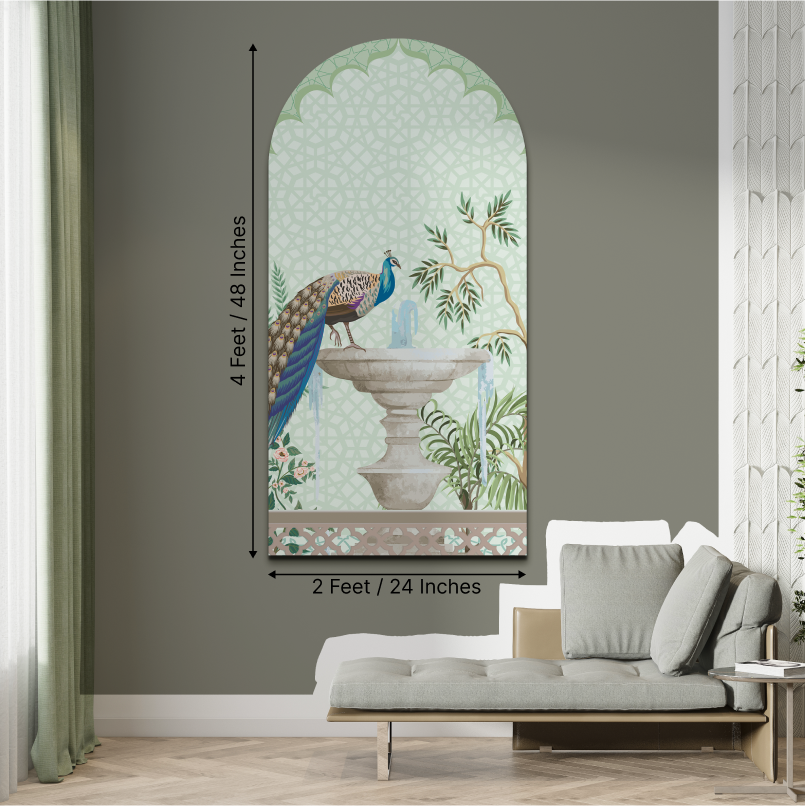 Peacock Arch Shape Luxurious Wood Print Wall Art