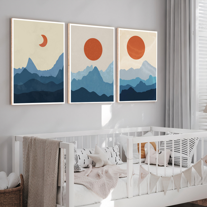 Blue Moon Phase Abstract Boho Wood Print Wall Art Set of 3