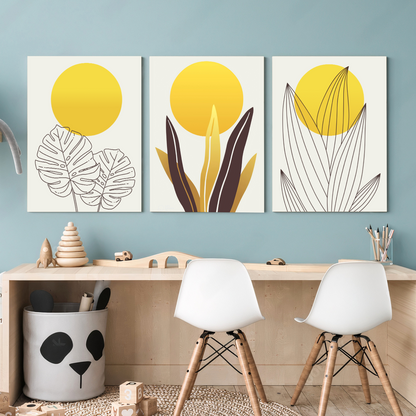 Yellow Botanical Wood Print Wall Art Set of 3