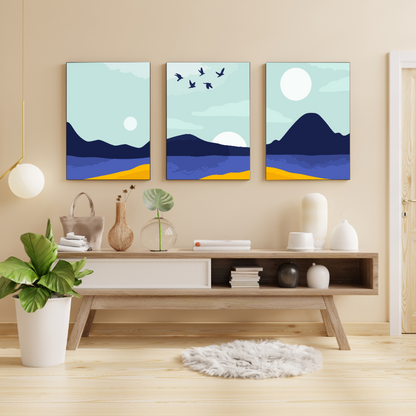 Mountains and Ocean Abstract Wood Print Wall Art Set of 3