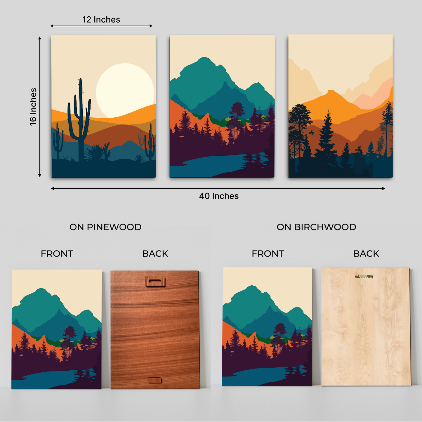 Abstract Landscape Wood Print Wall Art Set of 3