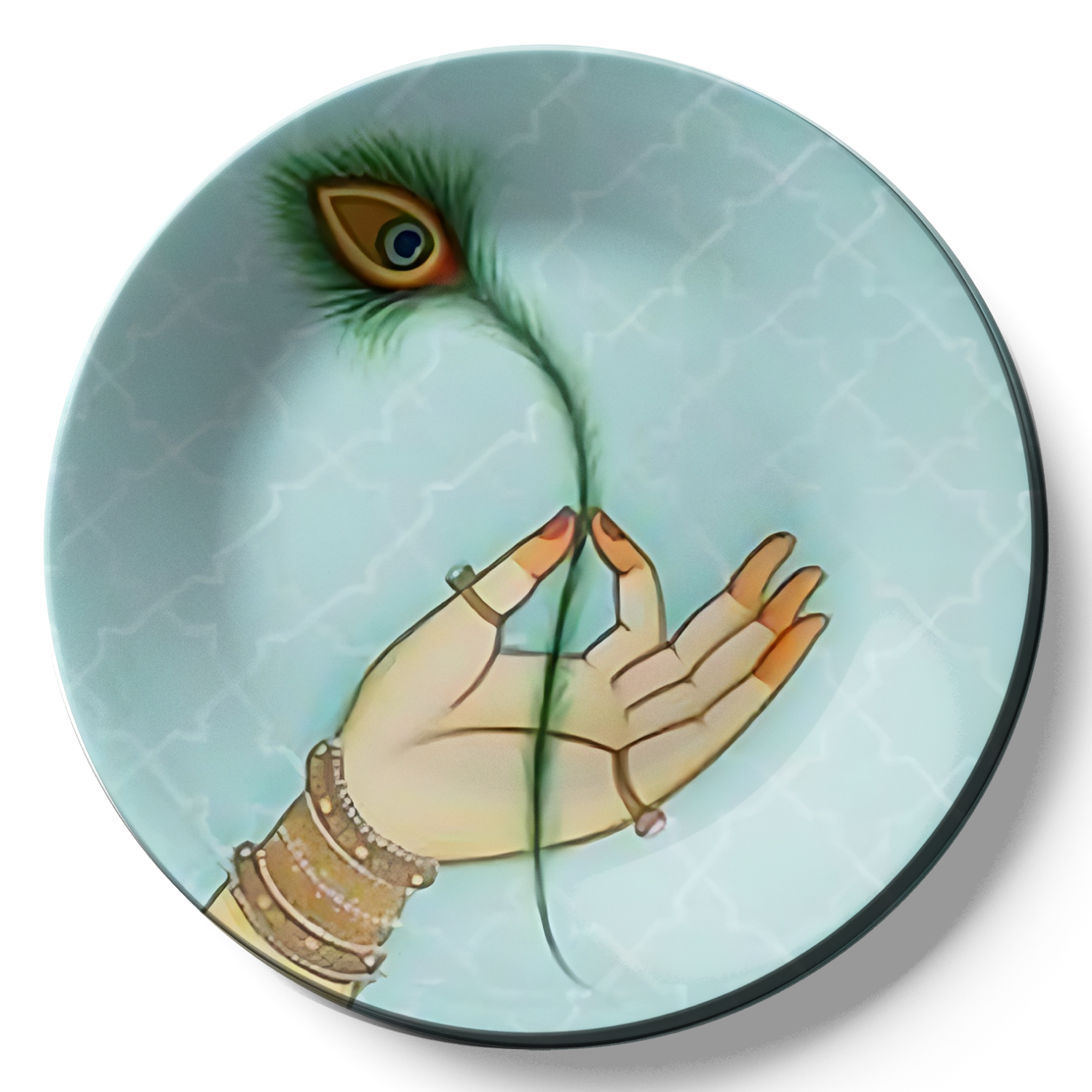 stylish peacock feather with women hand wall plate 