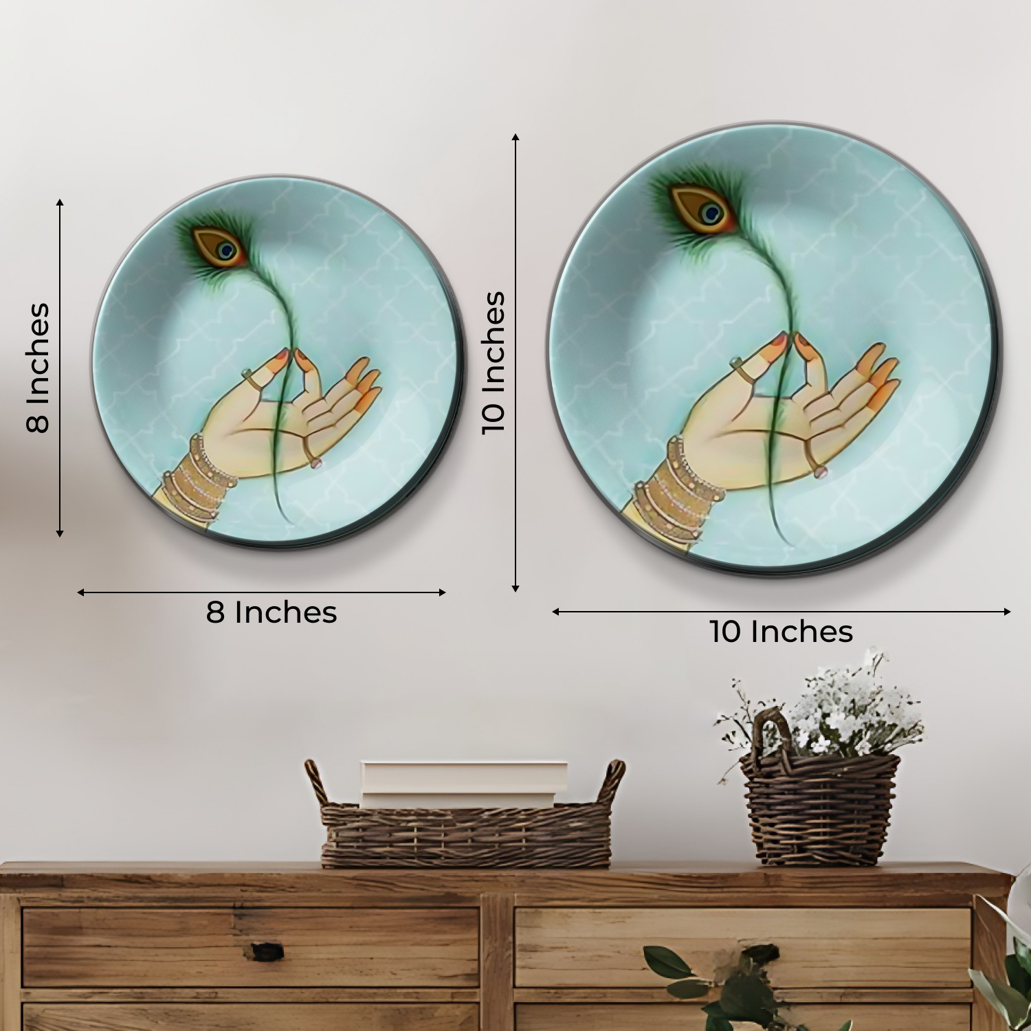 women hand hanging plates on wall for home decor