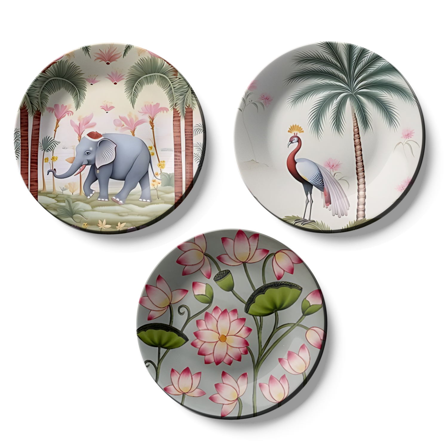 Delicate Beauty set of 3 elephant ,peacock and flowers wall plates